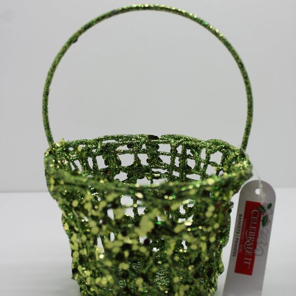 Lot of 2 Celebrate It Small Decorative Green Sparkle Wire Baskets Christmas Noel - Picture 2 of 5